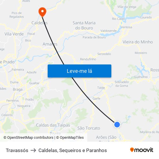 Travassós to Caldelas, Sequeiros e Paranhos map