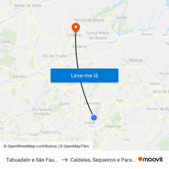 Tabuadelo e São Faustino to Caldelas, Sequeiros e Paranhos map