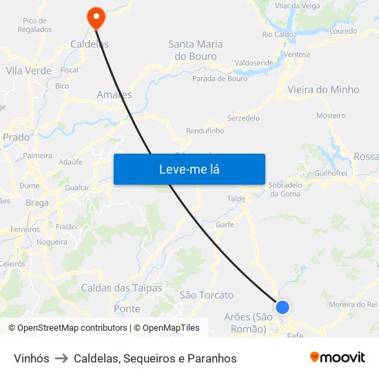 Vinhós to Caldelas, Sequeiros e Paranhos map