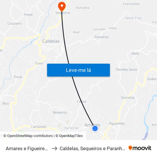 Amares e Figueiredo to Caldelas, Sequeiros e Paranhos map