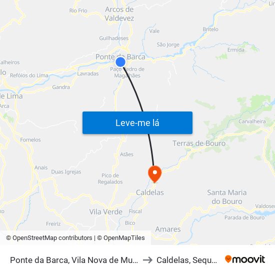 Ponte da Barca, Vila Nova de Muía e Paço Vedro de Magalhães to Caldelas, Sequeiros e Paranhos map