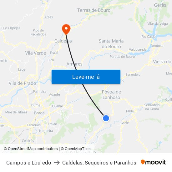 Campos e Louredo to Caldelas, Sequeiros e Paranhos map