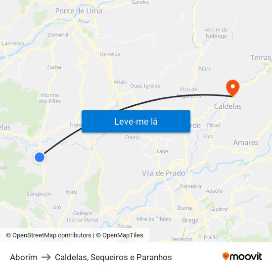 Aborim to Caldelas, Sequeiros e Paranhos map