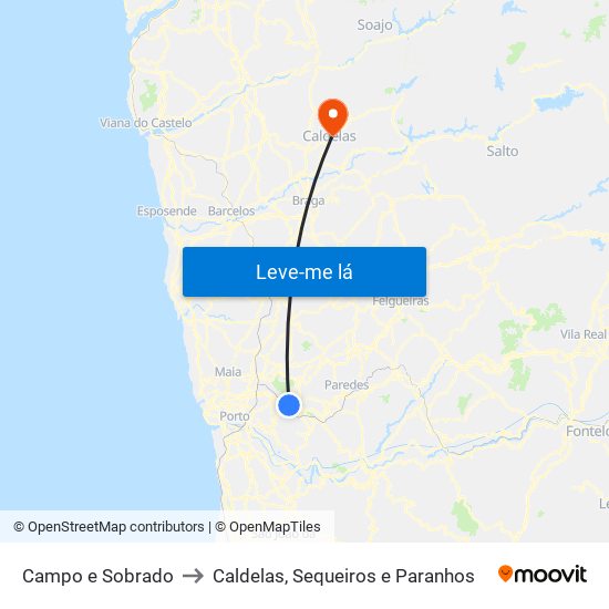 Campo e Sobrado to Caldelas, Sequeiros e Paranhos map