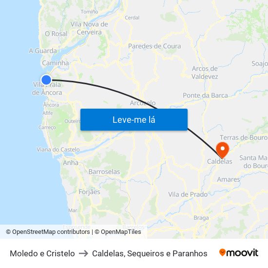 Moledo e Cristelo to Caldelas, Sequeiros e Paranhos map