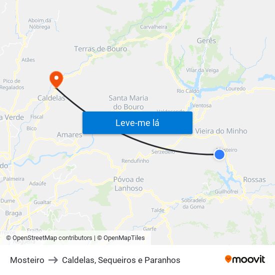 Mosteiro to Caldelas, Sequeiros e Paranhos map