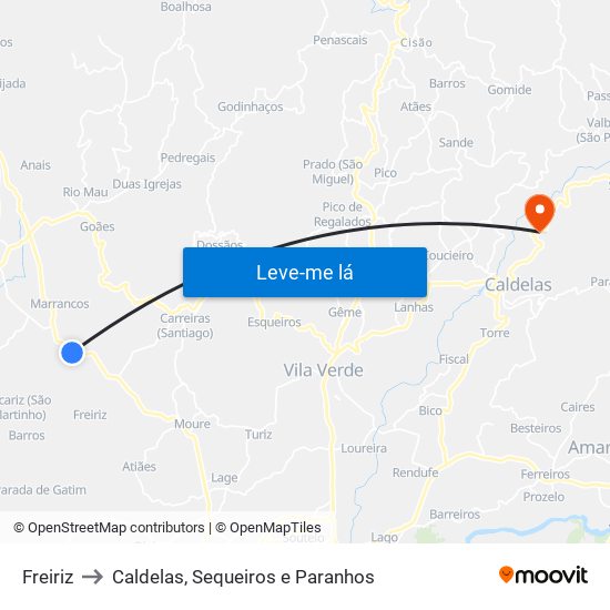 Freiriz to Caldelas, Sequeiros e Paranhos map