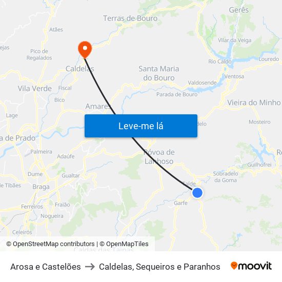 Arosa e Castelões to Caldelas, Sequeiros e Paranhos map