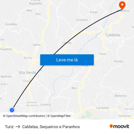 Turiz to Caldelas, Sequeiros e Paranhos map