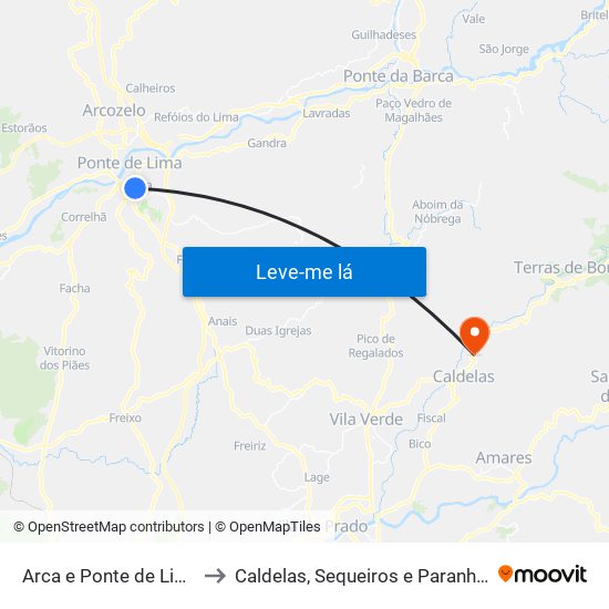 Arca e Ponte de Lima to Caldelas, Sequeiros e Paranhos map