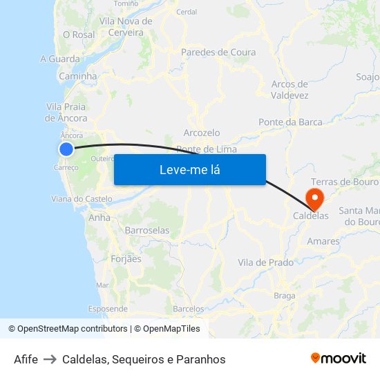 Afife to Caldelas, Sequeiros e Paranhos map