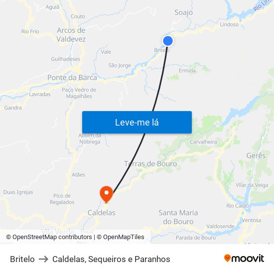 Britelo to Caldelas, Sequeiros e Paranhos map