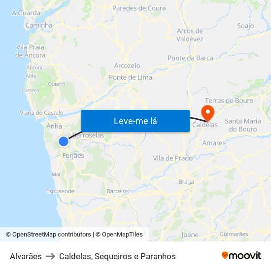 Alvarães to Caldelas, Sequeiros e Paranhos map