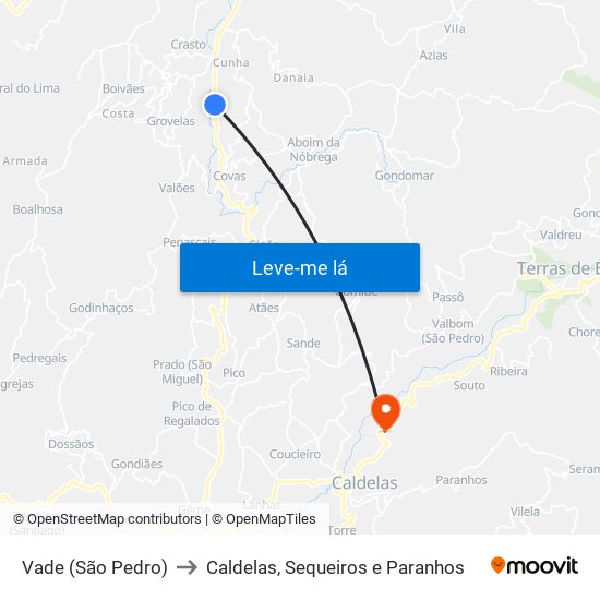 Vade (São Pedro) to Caldelas, Sequeiros e Paranhos map