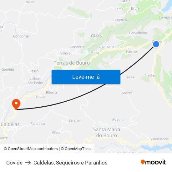 Covide to Caldelas, Sequeiros e Paranhos map