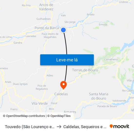 Touvedo (São Lourenço e Salvador) to Caldelas, Sequeiros e Paranhos map