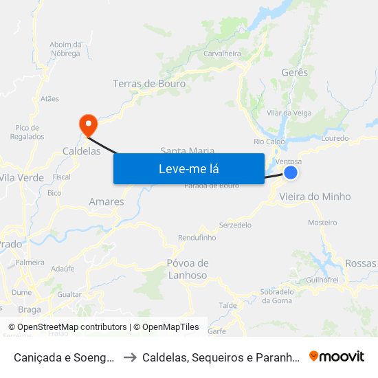 Caniçada e Soengas to Caldelas, Sequeiros e Paranhos map