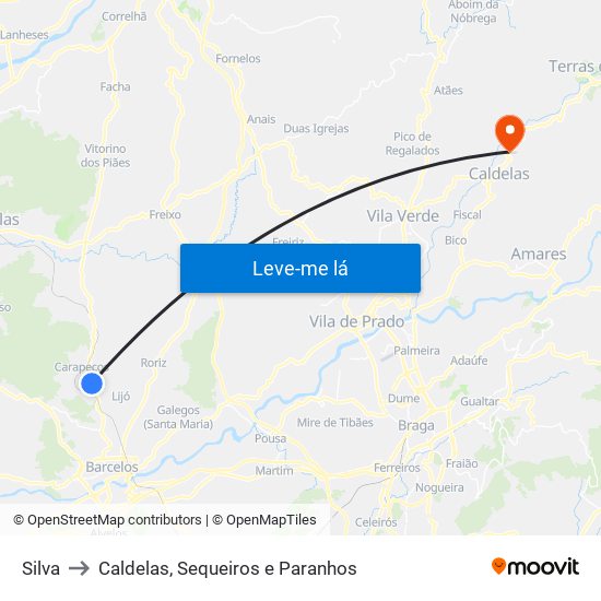 Silva to Caldelas, Sequeiros e Paranhos map