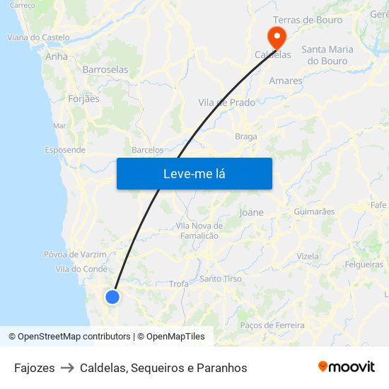 Fajozes to Caldelas, Sequeiros e Paranhos map