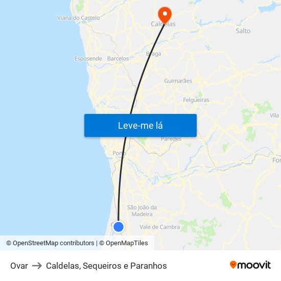 Ovar to Caldelas, Sequeiros e Paranhos map