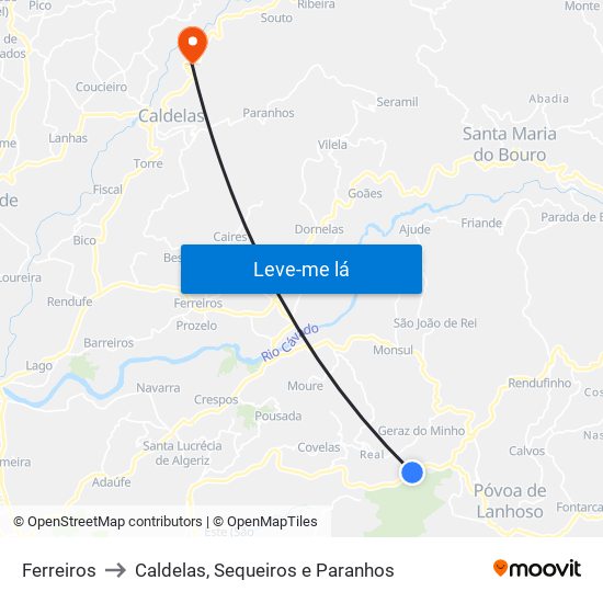 Ferreiros to Caldelas, Sequeiros e Paranhos map