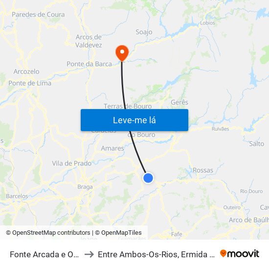 Fonte Arcada e Oliveira to Entre Ambos-Os-Rios, Ermida e Germil map