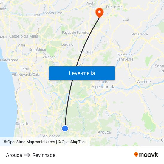 Arouca to Revinhade map