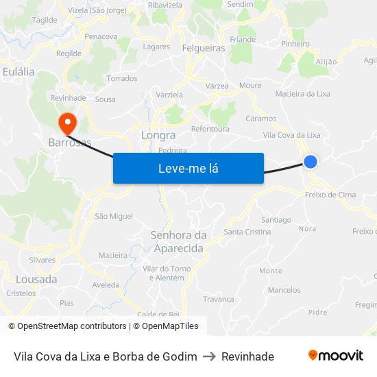 Vila Cova da Lixa e Borba de Godim to Revinhade map