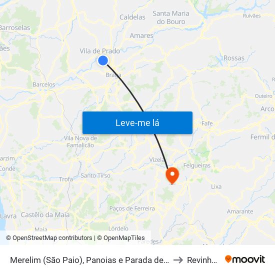 Merelim (São Paio), Panoias e Parada de Tibães to Revinhade map