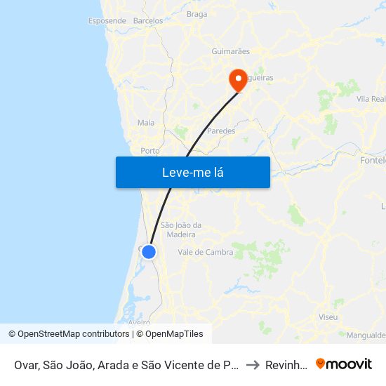 Ovar, São João, Arada e São Vicente de Pereira Jusã to Revinhade map
