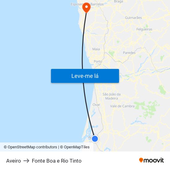 Aveiro to Fonte Boa e Rio Tinto map