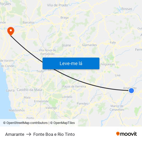 Amarante to Fonte Boa e Rio Tinto map