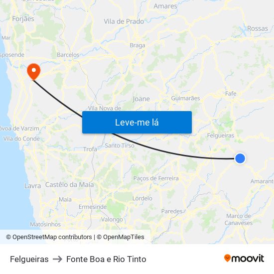 Felgueiras to Fonte Boa e Rio Tinto map