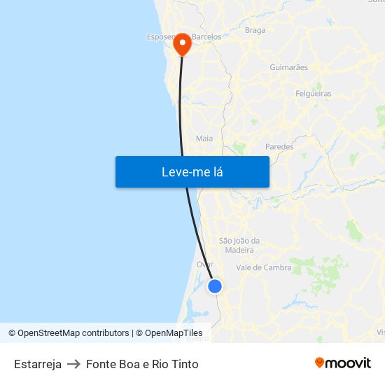 Estarreja to Fonte Boa e Rio Tinto map