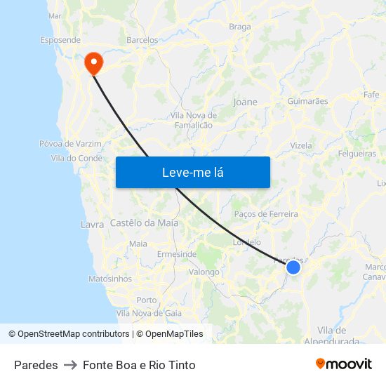 Paredes to Fonte Boa e Rio Tinto map