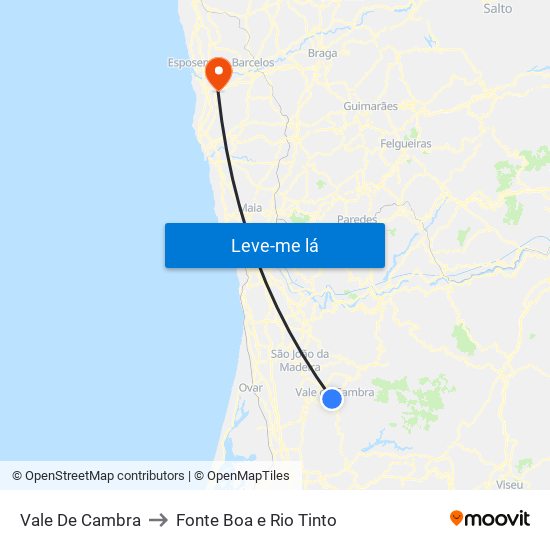 Vale De Cambra to Fonte Boa e Rio Tinto map