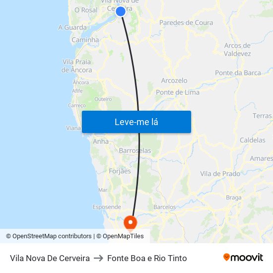 Vila Nova De Cerveira to Fonte Boa e Rio Tinto map