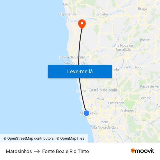 Matosinhos to Fonte Boa e Rio Tinto map