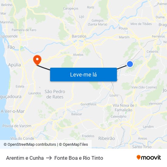 Arentim e Cunha to Fonte Boa e Rio Tinto map