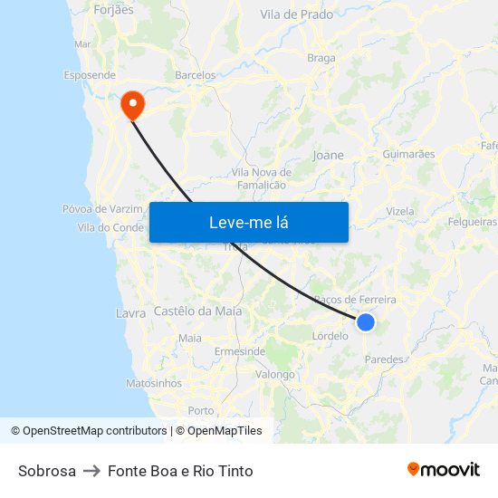 Sobrosa to Fonte Boa e Rio Tinto map
