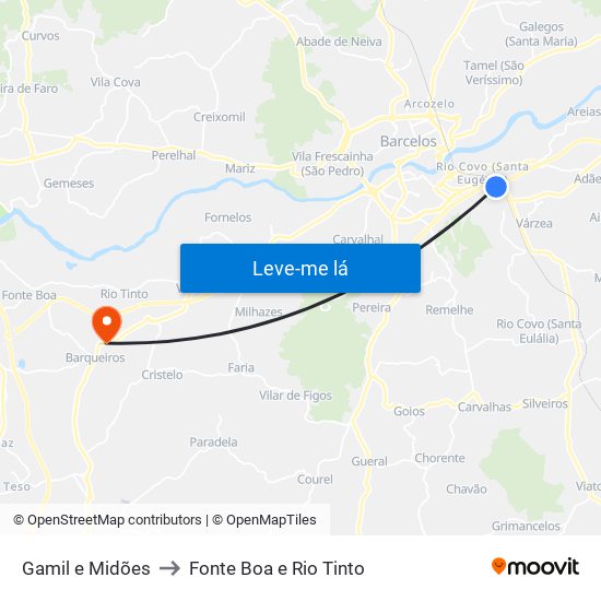 Gamil e Midões to Fonte Boa e Rio Tinto map