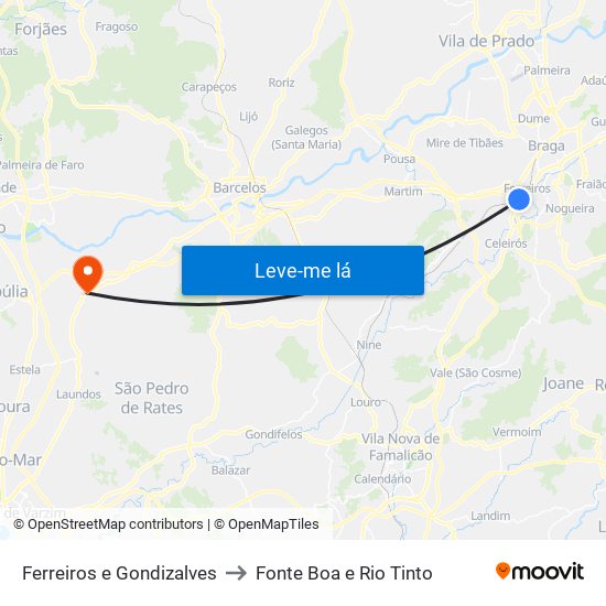 Ferreiros e Gondizalves to Fonte Boa e Rio Tinto map