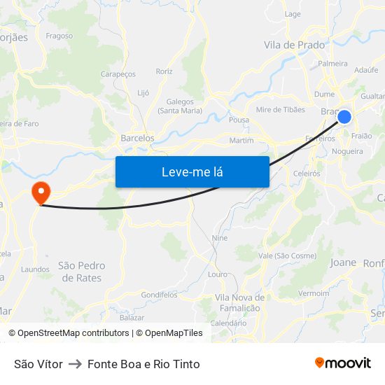 São Vítor to Fonte Boa e Rio Tinto map