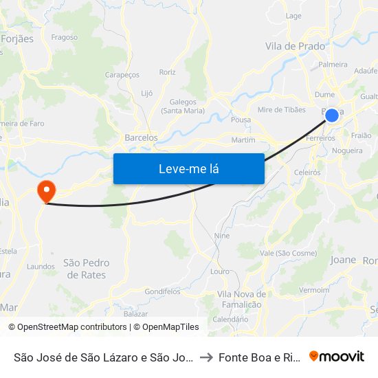 São José de São Lázaro e São João do Souto to Fonte Boa e Rio Tinto map