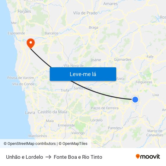 Unhão e Lordelo to Fonte Boa e Rio Tinto map