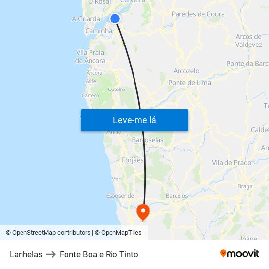 Lanhelas to Fonte Boa e Rio Tinto map