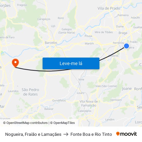 Nogueira, Fraião e Lamaçães to Fonte Boa e Rio Tinto map