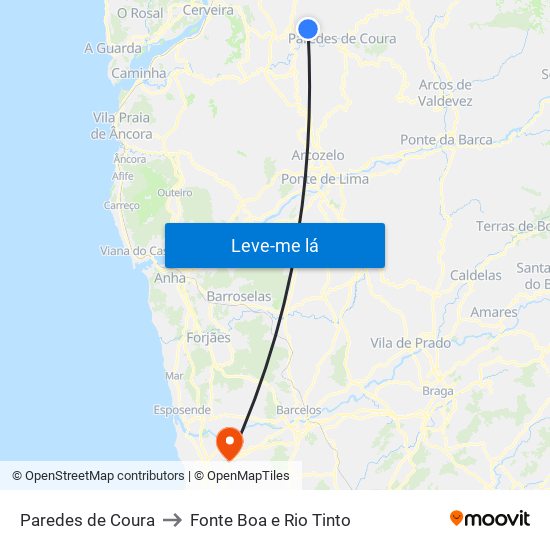 Paredes de Coura to Fonte Boa e Rio Tinto map