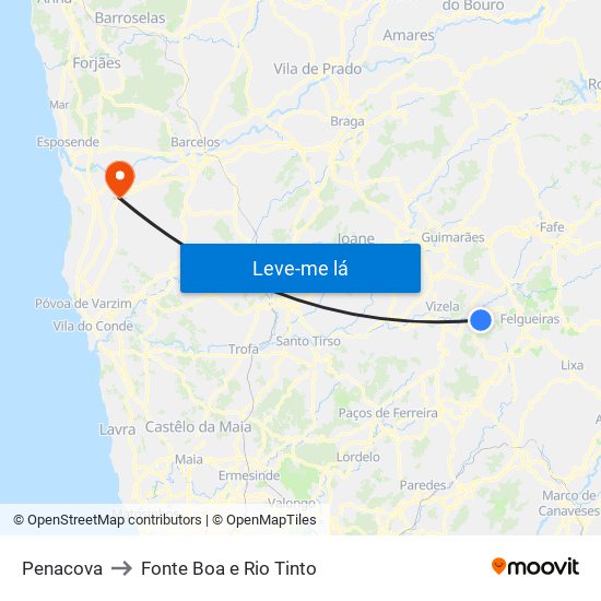 Penacova to Fonte Boa e Rio Tinto map