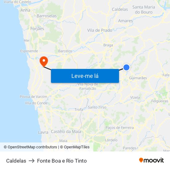 Caldelas to Fonte Boa e Rio Tinto map